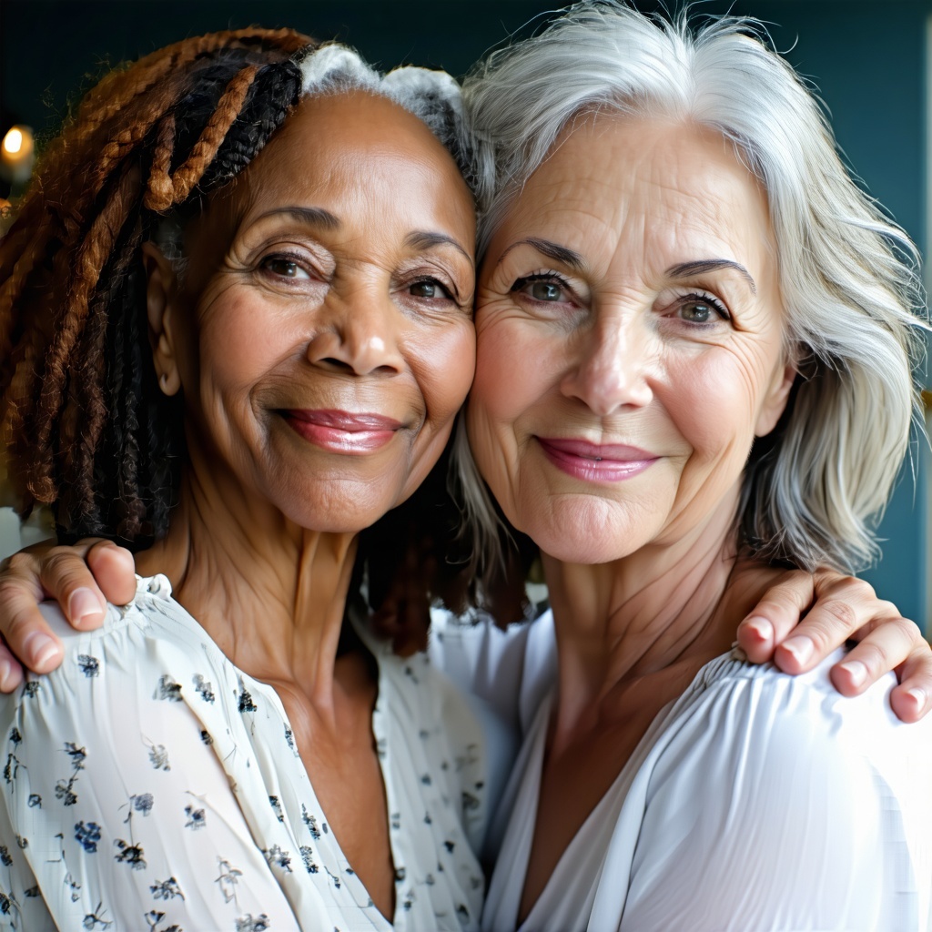 Two female friends of age 50 embracing looking at me  very pleasant  One has tan coloured skin  the other has white skin