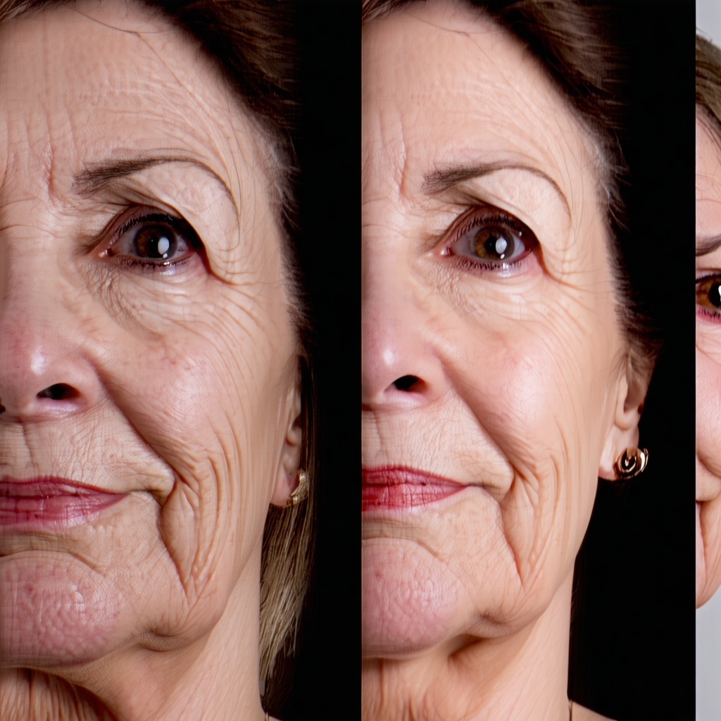 female age 60  face on left side  facing me and same face plumped on right  side of picture  pleasant woman-1